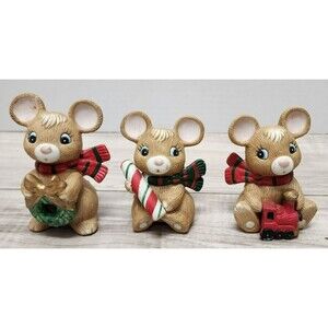 Homco Christmas Mouse Family Porcelain Figurines 3 1/2" Set Vintage Lot of 3